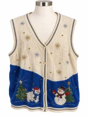 Christmas Sweater Vest Vintage Snowman Bear White Blue Grandma Core Womens L